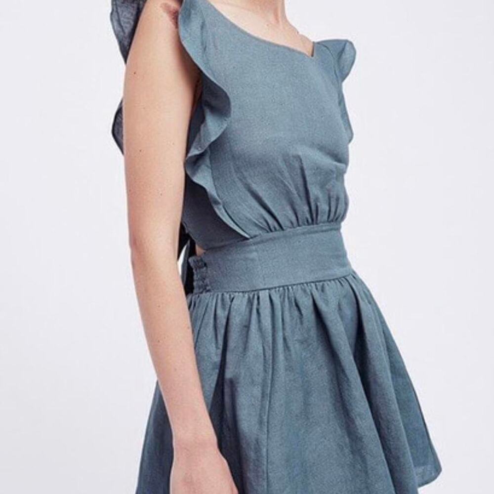 Free People Erin Mini Dress Size M Slate Blue Linen Ruffle